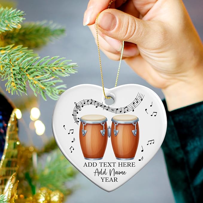 Bongo Drums Ceramic Ornament Gift for Music Band, Personalized Drummer Xmas Tree Ornaments with Text Name Year, Custom Bongo Drums Player Christmas Ornament 2025, Instruments Xmas Keepsakes