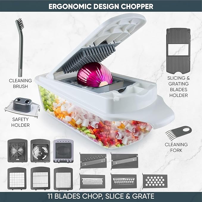 RüK Vegetable Chopper Slicer Onion Dicer, Multi 22-in-1 Veggie Mandoline Food Cutter for Tomato Fruit with Lemon Squeezer, E-Recipe, 11 Blades, Egg Separator & Slicer, Container