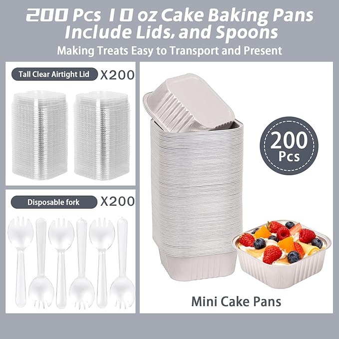 200 Pack 10 oz Silver Mini Aluminum Cake Pans with Lids and Spoons, Disposable Square Baking Cups, Oven Safe Foil Ramekins for Individual Desserts, Cupcakes, Cheesecakes Ramekins Muffin