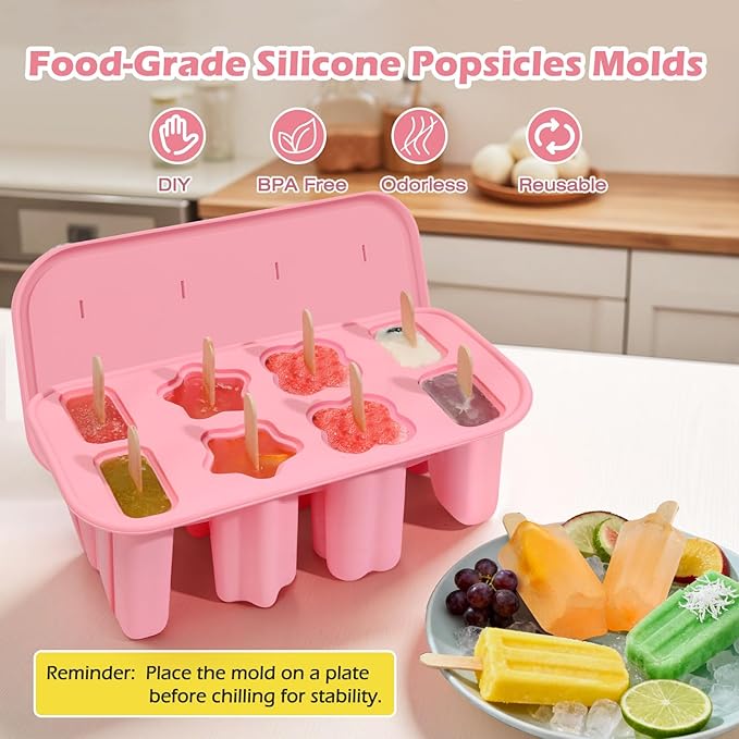 Popsicles Molds, 8-Cavity Silicone Popsicle Molds with 50 Sticks, BPA-Free Ice Pop Mold Popsicle Maker with Funnel & Cleaning Brush for Kids Adult Teens