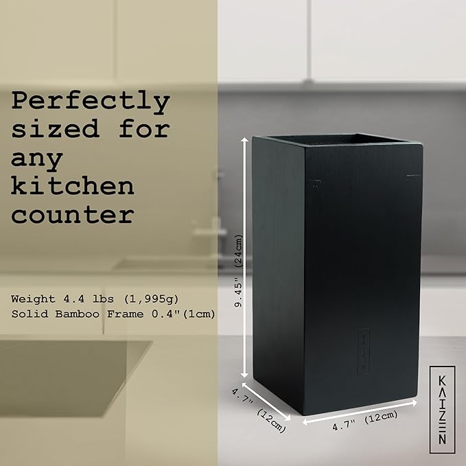 KAIZEN Bamboo Knife Block Without Knives - Perfectly Sized Universal Knife Holder for Knives, Scissors - Unique Knife Storage for Counter Top with Anti-Slip Base (Black - Bamboo)