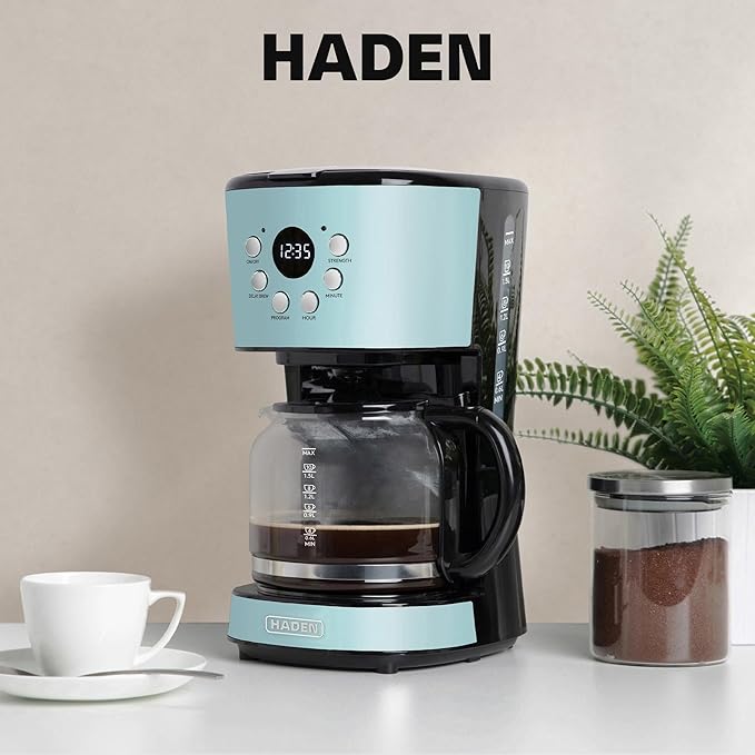 Haden Coffee Machine, 12 Cup Programmable Drip Coffee Maker with Auto Shut-Off Function and Reusable Washable Water Filter, Turquoise & Chrome