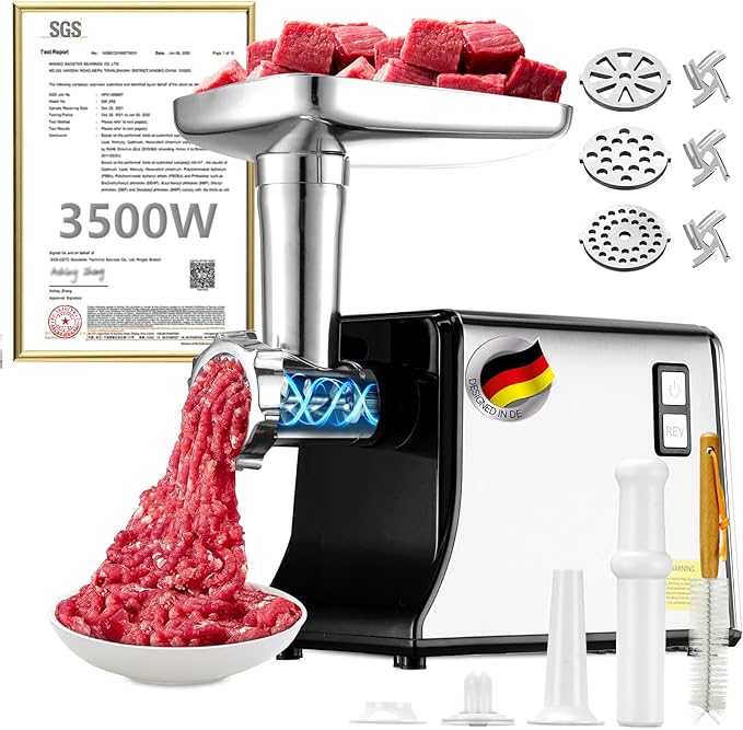 5.0 Upgrade Electric Meat Grinder- [3500W Super Motor] [SGS Certified SUS304 Blade & Plate] 3-Second Fast Meat Grinding, Perfect For Meat Grinders For Home Use (BLACK)