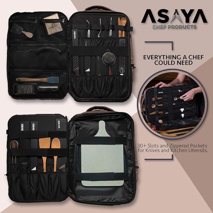 Asaya Chef Knife Backpack with 20 Pocket Knife Roll Bag - Over 30 Pockets for Knives - Knives Not Included (Brown)