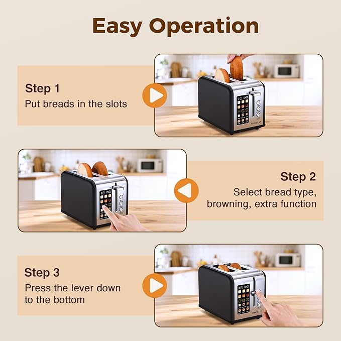 2 Slice Touch Screen Toaster, Stainless Steel Toaster with Wide Slots for Bagels and Bread, Reheat/Defrost/Cancel Functions, Removable Crumb Tray, Matt Black