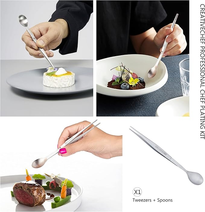 CREATIVECHEF 10 PCS Plating Tools Culinary Set Contains Kitchen Tweezers Spatula Sauce Plating Spoon（Black）