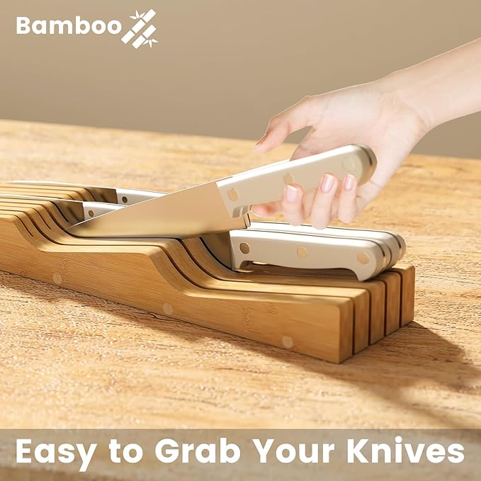 Bamboo In-Drawer Knife Block for 9 Knives(Not Included), Knife Drawer Organizer,Knife Holder Countertop,Block Knife Storage Organizer for Kitchen
