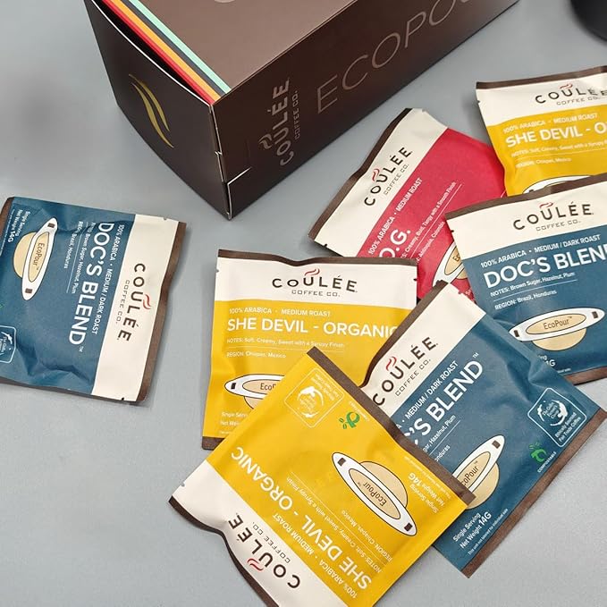 Coulée EcoPour Coffee Variety Pack, Single Serve Coffee, Use for Camping or Traveling, Pre Filled Compostable Filters, Ready to Brew with Hot Water, Includes 4 Flavors, 20 Pack