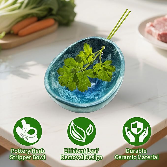 Herb Stripper, 4-Hole Design Pottery Herb Stripper,Handmade Ceramic Herb Stripper Bowl for Removing Leaves and Stems in the Kitchen (Blue Glaze)
