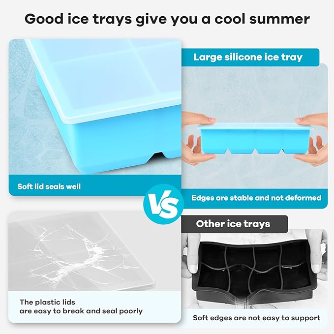 2 Pack Silicone Extra Large Ice Cube Tray - Ice Cube Molds with Lid Reusable & BPA Free, 8 Grids Silicone Large Square Ice Cube Trays Easy Release Ice Cube Tray for Iced Coffee, Cocktail, Whiskey
