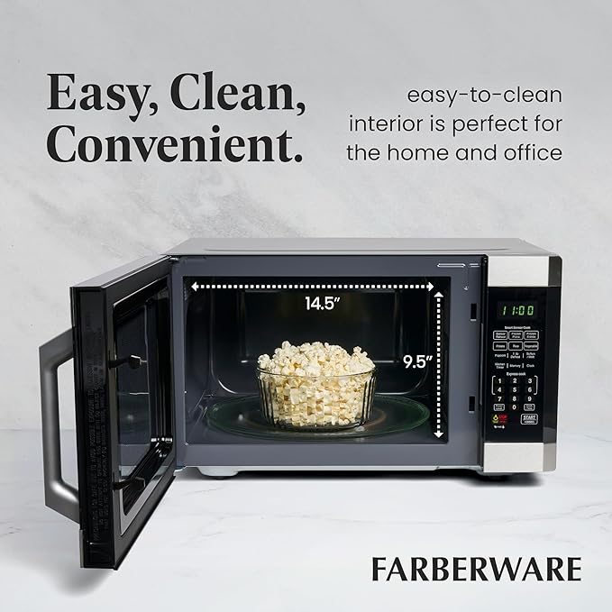 Farberware 1.6 Cu. Ft. Countertop Microwave Oven – 1100 Watts Power, Smart Sensor Auto Cook Settings, Defrost, Easy Clean and Child Safety Lock - Stainless