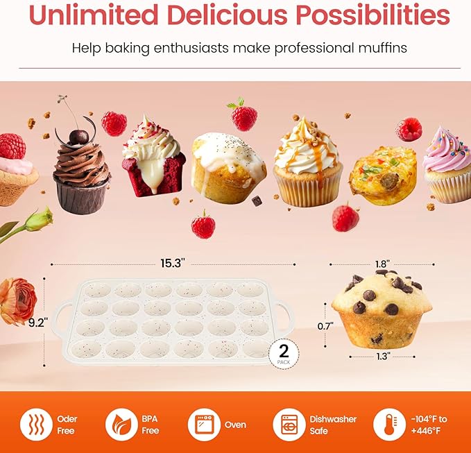 Muffin Pans With Metal Reinforced Frame - 24 Cups Durable Silicone Baking Pan for Muffins, Cupcakes, BPA Free and Dishwasher Safe - Beige with Rainbow Spots, Set of 2