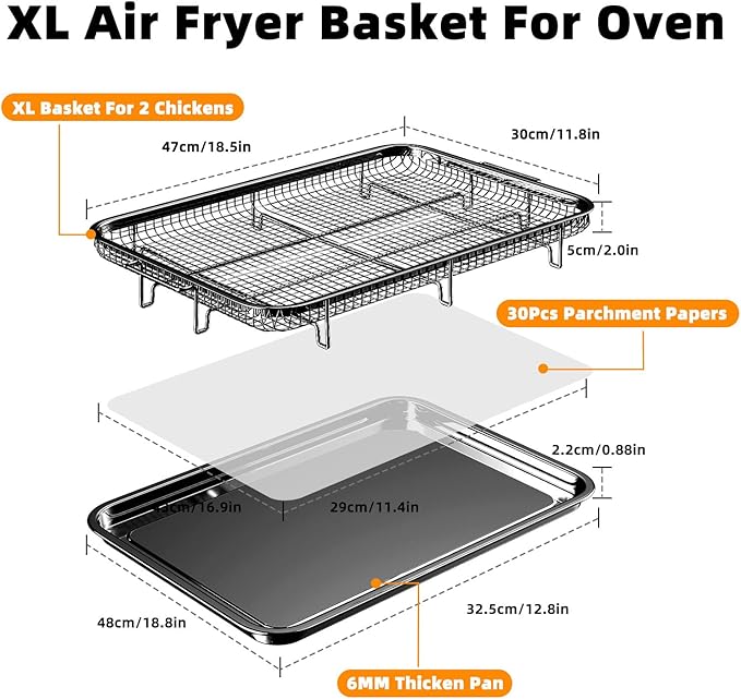 Air Fryer Basket for Oven, Extra Large 18.8" x 12.8" Oven Air Fryer Basket and Tray Set with 30 PCS Parchment Papers, DEGOVIN Stainless Steel Oven Pan and Crisper Tray (Black)