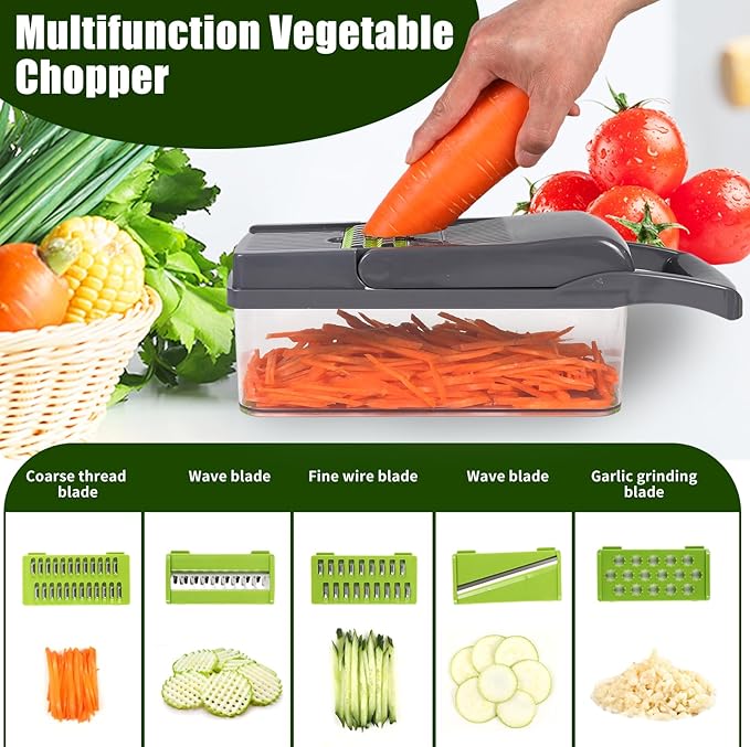 Multifunctional vegetable cutter 26 in 1 vegetable slicer, cucumber slicer, potatoes, tomatoes, zucchini, garlic, eggs, vegetable cutter with container and lid, salad cutter, dicing machine, shredder