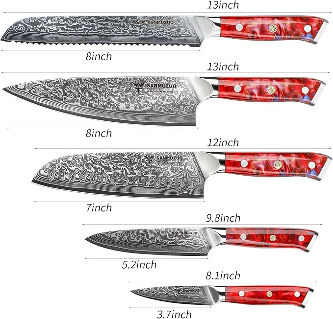 Chef Cooking Knives Set- Kitchen Knife Set of 5 Piece - Ultra-Sharp VG10 Damascus Steel & Resin Handle - Xuan Series (Sunset Red)