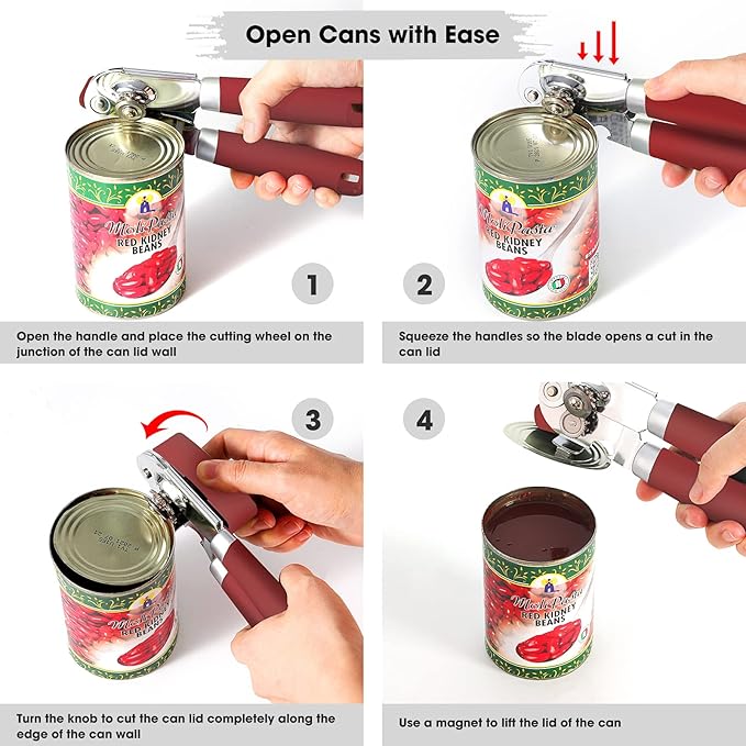 Beneno Heavy Duty Hand Can Opener Manual with Magnet, Durable Sharp Carbon Steel Blade Smooth Cutting, Big Effort-Saving Knob & Soft Grip Handle, Multifunctional Kitchen Tool with Bottle Opener, Red