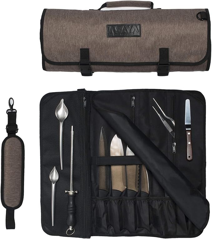 Asaya Chef Knife Roll Bag - 20 Total Pockets for Knives and Kitchen Utensils - Made with Stain Resistant Waxed Nylon - For Chefs and Culinary Students - Knives Not Included(Brown)