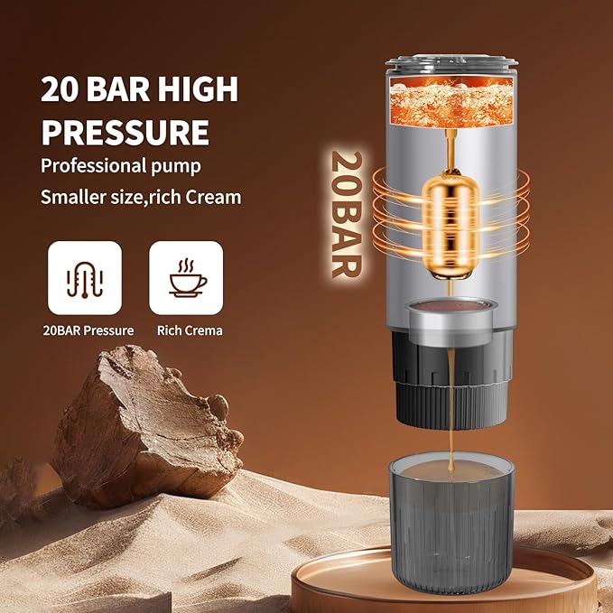Leozora 20Bar Portable Espresso Machine, 7500mAh USB-C Rechargeable, 3-in-1 for Ground Coffee & Nespresso/DG Capsules, Stainless Steel Travel Coffee Machine for Camping, Car, Office,Silvery