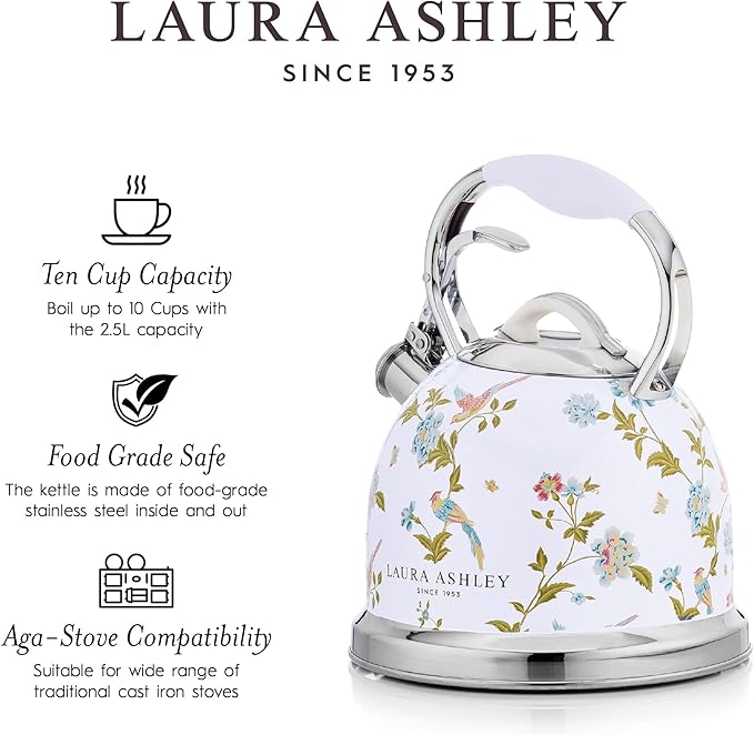 VQ Laura Ashley Elveden White 2.5L Stainless Steel Tea Kettle Stovetop Whistling Teapot for Induction, Gas Hob or others. Silicon Coated Cool Handle & Push Button Mechanism Vintage Stove Top Kettle