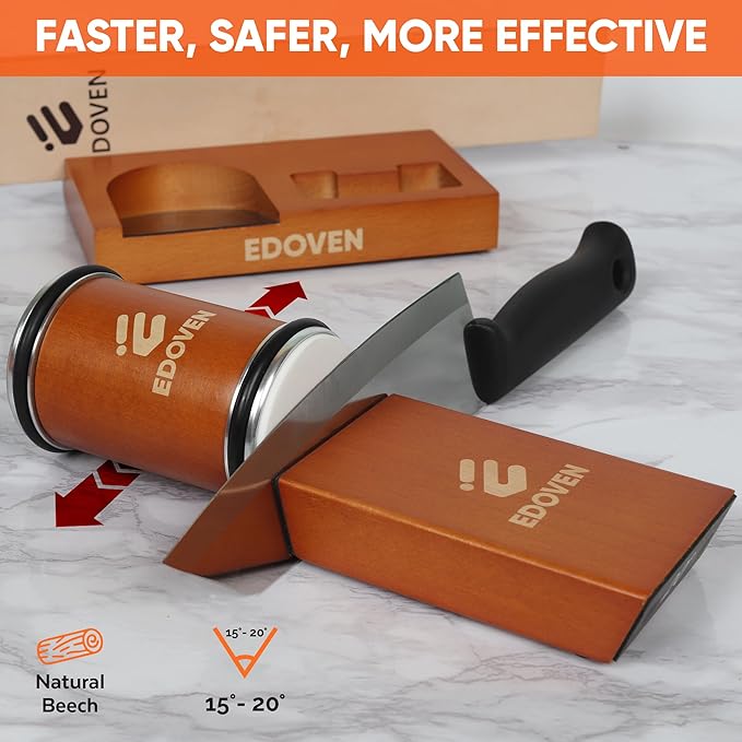 Rolling Knife Sharpener Kit – Complete Luxury Set with Leather Strop, Stand & 2 Extra Discs | Premium Beech Wood Magnetic Sharpener | Kitchen & Pocket Knife Sharpening Tool