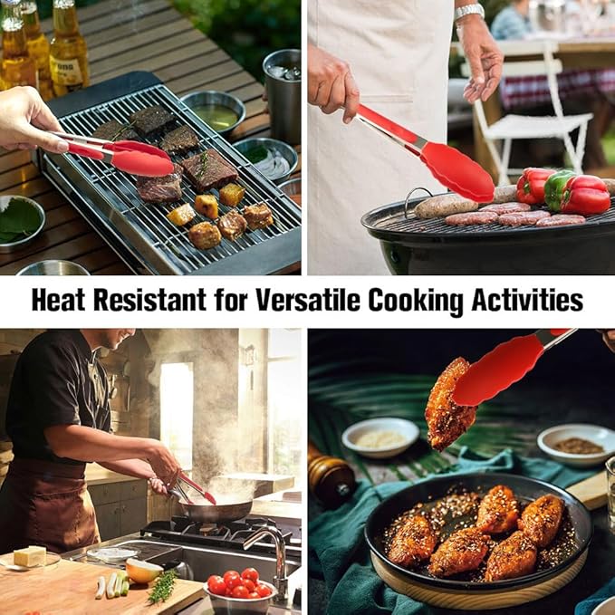 Kitchen Tongs 2 Pcs Tongs for Cooking 7 Inch 9 Inch Red Silicone Tongs Stainless Steel Locking Food Tong with Non-Slip Silicone Tips Heat Resistant Serving Tong for BBQ Grilling Salad Kitchen Utensil