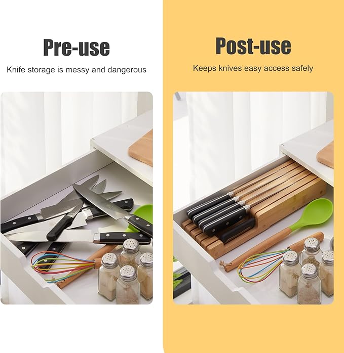 Bamboo Knife Block and In-Drawer Storage, Display Stand and Organizer, In-Drawer Knife Drawer Organizer(Knives Not Included)
