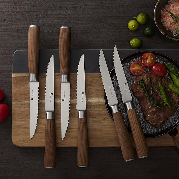 Natura Series 4.5” Serrated Steak Knife Set of 6, High Carbon Stainless Steel, Wooden Handle