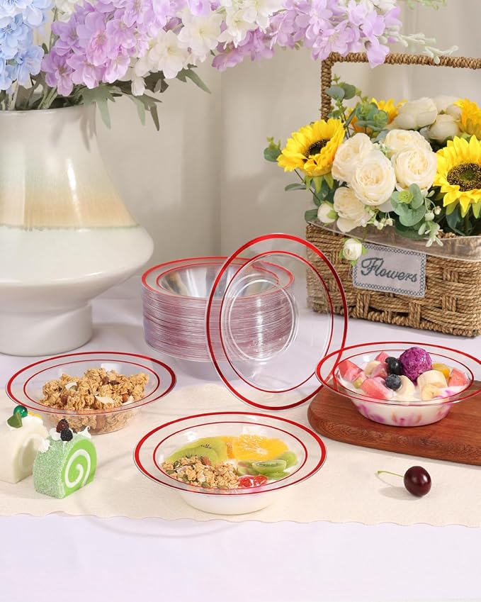 100 Pack clear Plastic Bowls with Red Rim, 12oz Disposable Soup Bowls, Heavy Duty Dessert Bowls for Christmas, Parties, Dinners, Catering, Thanksgiving