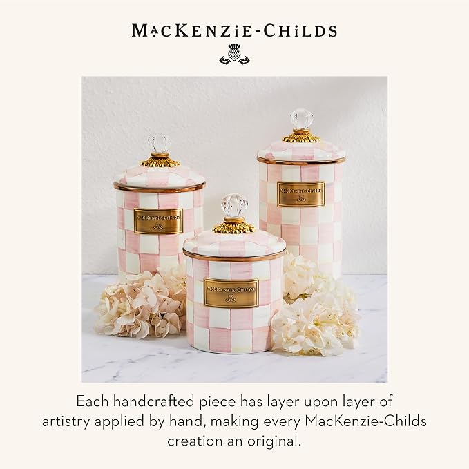 MACKENZIE-CHILDS Large Enamel Canister, Kitchen Storage Container for Flour and Sugar, 1.89 Liters, Pink-and-White Rosy Check