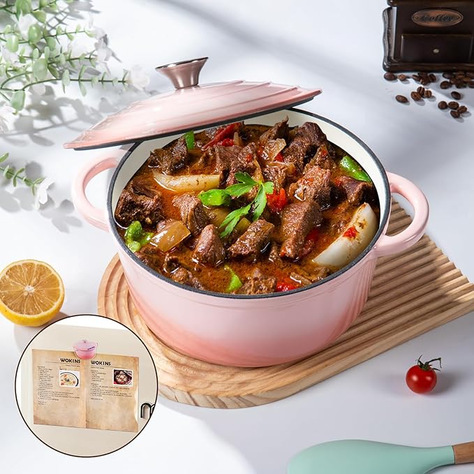Enameled Cast Iron Dutch Oven Pot with Lid Heavy-Duty Cookware for Bread Baking, Braising, Stews, Roasting,5.5QT，pink