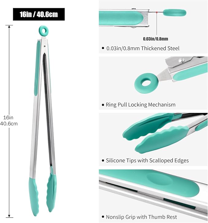 Doosu Kitchen Tongs for Cooking - 600°F Heat Resistant Food Tong with Non-Scratch Silicone Tips, Heavy Duty Stainless Steel Locking Tong for BBQ, Grilling Steak, Serving Salad, Pasta (16in, Aqua Sky)