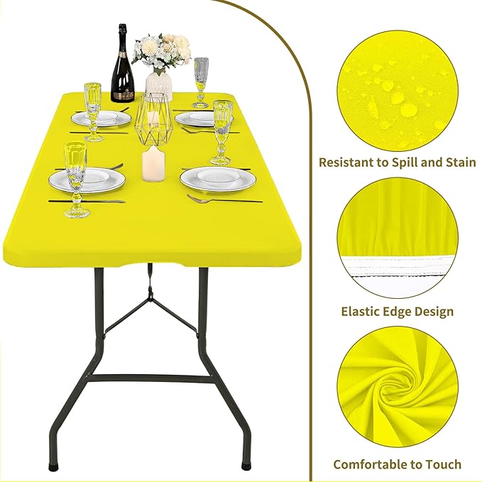 6 Pack Fitted Tablecloth for 6 Foot Rectangle Tables, Yellow Elastic Outdoor Picnic Table Cover, Washable Stretch Folding Table Cloths 6 ft for Camping Party Patio Kitchen Banquet, 30" W x 72" L