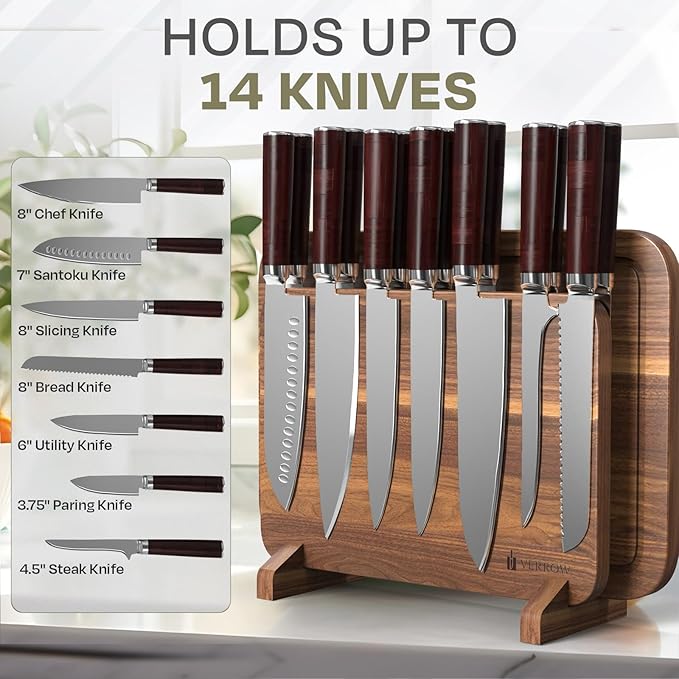 Magnetic Knife Block with Acacia Wood Cutting Board - Extra Large 15.5x10.5x0.75In Magnetic Knife Block Set with Chopping Board Knife Holder Charcuterie Display Storage Organizer for Kitchen Counter