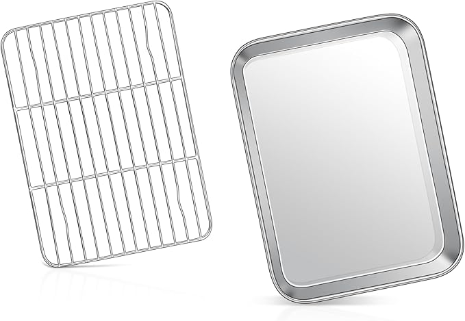 9 Inch Baking Sheet Pan with Rack Set, Joyfair Stainless Steel Toaster Oven Pans Tray & Cooling Racks for Cookie/Jelly Roll/Bacon/Meat, Commercial Metal & Rust-free, Dishwasher Safe
