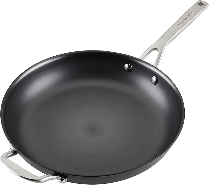 KitchenAid NITRO Carbon Steel Frying Pan/Skillet, Stainless Steel Handle, Compatible with All Cooktops, 12 Inch Fry Pan with Side Handle - Black