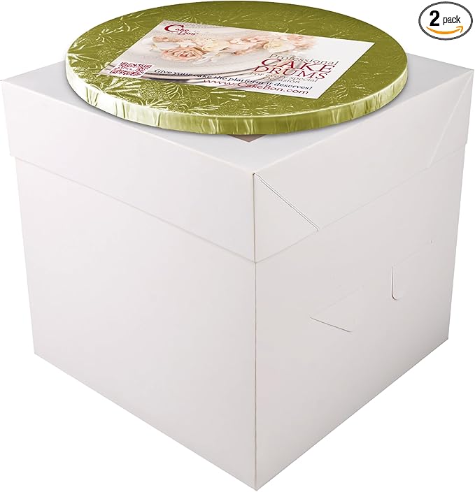Cakebon Cake Boxes with Boards - 8 Inch Round Cake Drum Gold - Box With Window for Birthdays, Weddings and Parties (1pc Each, 2pcs Total)