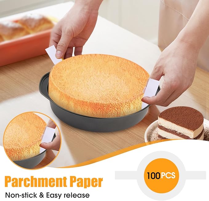 8" Round Cake Pan, 3PCS Nonstick Cake Pans with 100 PCS Parchment Paper, Carbon Steel Cake Baking Pans with Handle, Dishwasher Safe