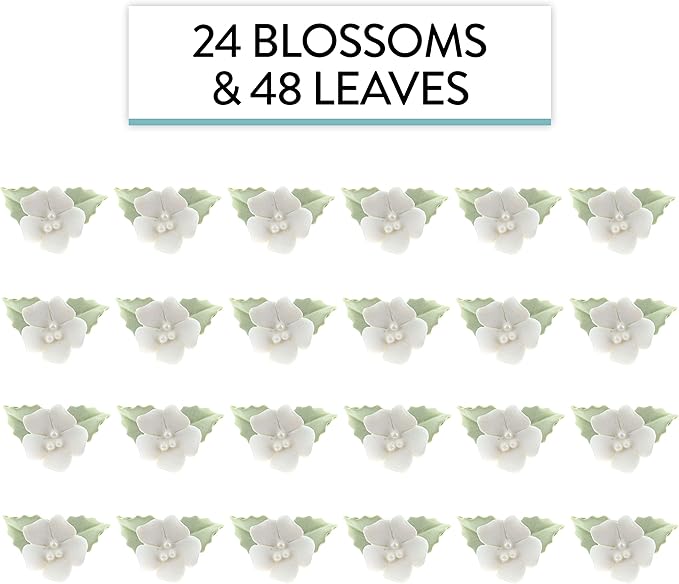 Global Sugar Art Blossoms and Leaves Edible Sugar Cake & Cupcake Flowers, White, Small Unwired, 24 Count with Leaves by Chef Alan Tetreault
