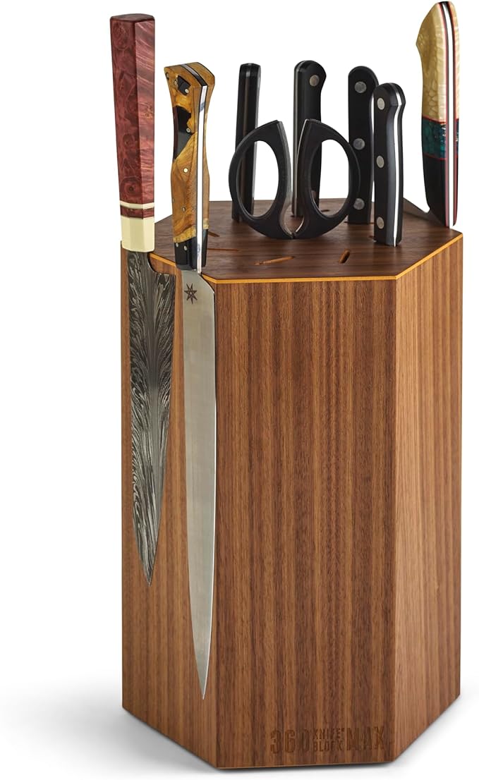 360KnifeBlock® MAX (walnut) ROTATING Magnetic Knife Block - MAX 12" tall with an array of top slots SeriousEats/Food&Wine/ATK BEST Universal Knife Block - handmade in Washington