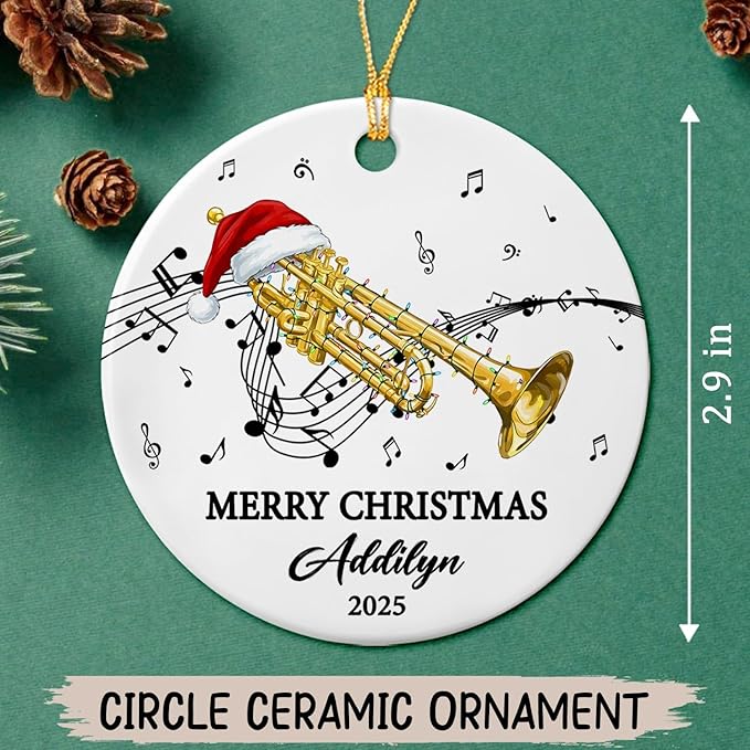 Unique Trumpet Instrument Ceramic Xmas Tree Ornament, Customized Text Year Name Trumpeter/Trumpet Player Ornaments Gift for Women Men, Personalized Trumpets Musical Lover Ceramic Keepsake Ornament