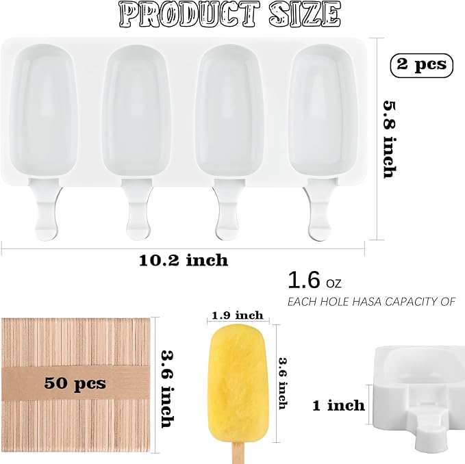 Sakolla 2 Pack Silicone Popsicle Molds, Larg Oval 4 Cavities Homemade Ice Pop Molds with 50 Wooden Sticks for Ice Cream, Cakesicles, Cake Pop (White)