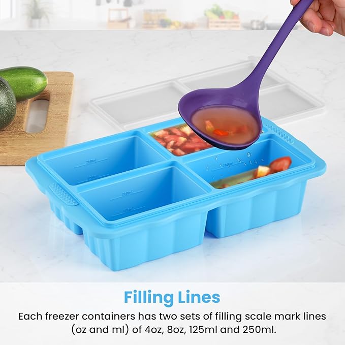 Silicone Freezer Tray With Lid, Silicone Freezing molds, Ice Cube Tray For Food, Release Soup Freezer Molds for freezing food, Soup, and Leftovers-Makes 4 Perfect 1 Cup- 3 Pack.