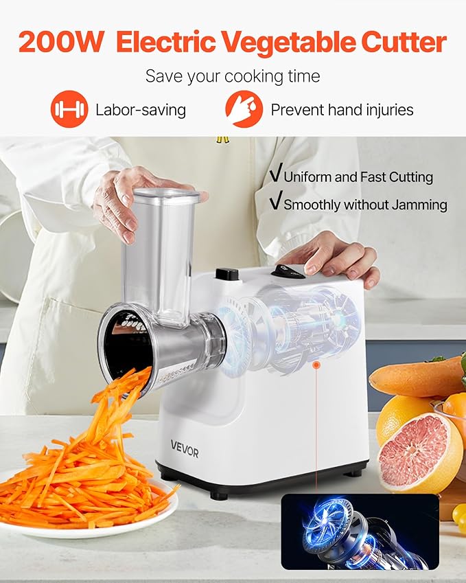 VEVOR Electric Cheese Grater Salad Maker, 200W Salad Shooter, Electric Vegetable Slicer Shredder Chopper for Fruits with 5 Attachments, Stainless Steel Food Cutter for Vegetables, and Cheeses