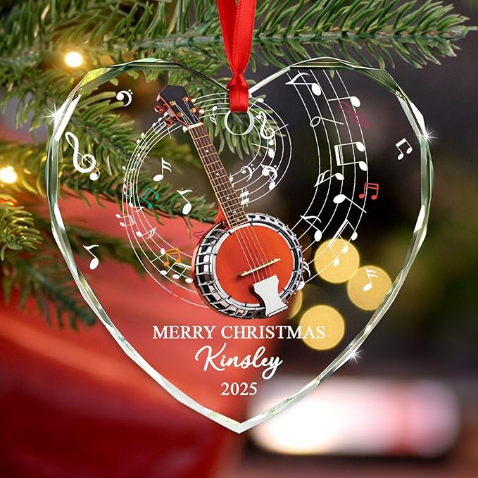 Customized Banjo Musical Glass Ornament Xmas Tree, Personalized Text Year Name Musical Instrument Ornaments Gift for Banjo Lover Brother Sister Dad Mom Parents,Unique Banjos Instrument Glass Ornament