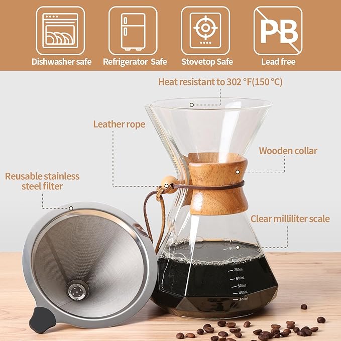 Pour Over Coffee Maker 34 OZ, 10 Cup Borosilicate Glass Drip Coffee Maker with Reusable Stainless Steel Filter and Cork Grip for Home Café 1000 ML (Diamond Shape)