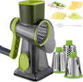 Cheese Grater Hand Crank Rotary Vegetables Shredder with Handle, 3-in-1 Graters with Interchangeable Blades and Strong Suction Base Multifunctional Slicer for Kitchen,green