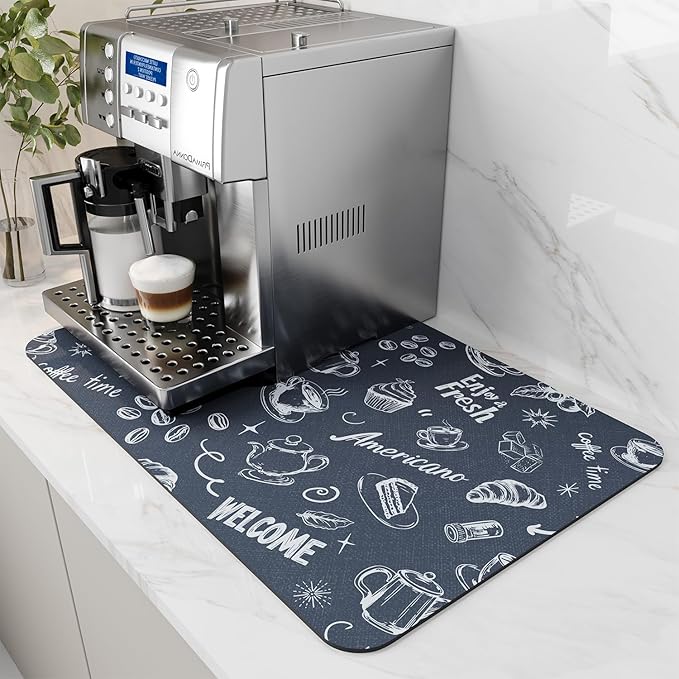 AMOAMI Coffee Mat - Hide Stain, Rubber Backed, Absorbent Dish Drying Mat for Kitchen Counter - Fits Under Coffee Maker & Machine - 16X24, Dust Blue