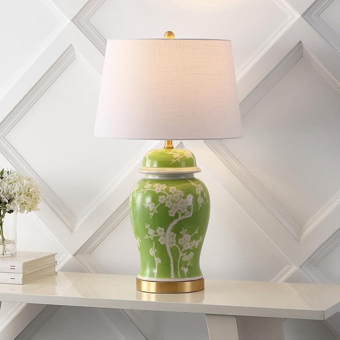 JONATHAN Y JYL3047B Gracie 29.5" Traditional Cottage Ceramic/Metal Ginger Jar LED Table Lamp, Green/White for Bedroom, Living Room, Office, College