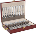 Wooden Silverware Storage Box With Lid, Cutlery Case With Handle & Felt Lined, Silver Flatware Chest for 12 Sets of Utensil for Forks, Knives, Spoons, Kitchen and Dining Organizer, Brown