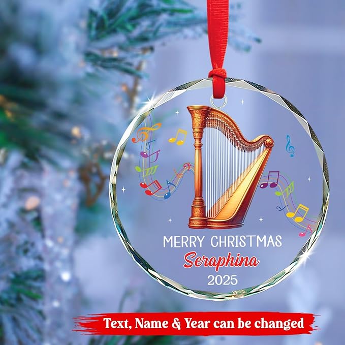 Harpist Musical Christmas Tree Glass Ornament, Personalized Text & Name Harp Player Xmas Keepsake Gift, Musical Instrument Christmas Ornament Gifts for Harpist, Custom Harp Lover Glass Ornaments 2025